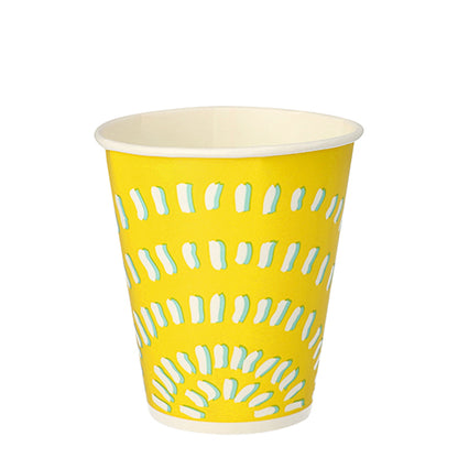 The Starpak 100 drinking cup for cold drinks features a yellow design with white and light blue curved lines. Made of paper, each 100 ml cup is ideal as a disposable cup for parties or events.