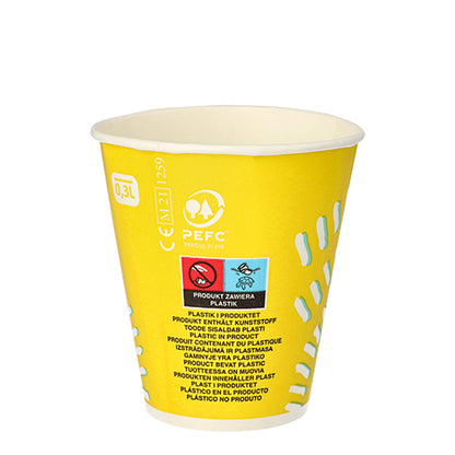 A yellow Starpak 100 drinking cup for cold drinks, paper with white markings, certification logos, and multilingual text stands upright against a plain white background. This 100 ml paper cup indicates that it is made of paper.