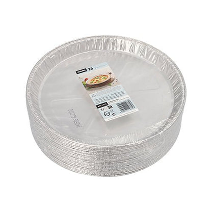 A stack of Starpak 25 round molds, aluminum round – round disposable aluminum molds with a slightly raised edge, labeled with a food image, the quantity (25), and barcodes for excellent heat conductivity. Brand: Starpak.