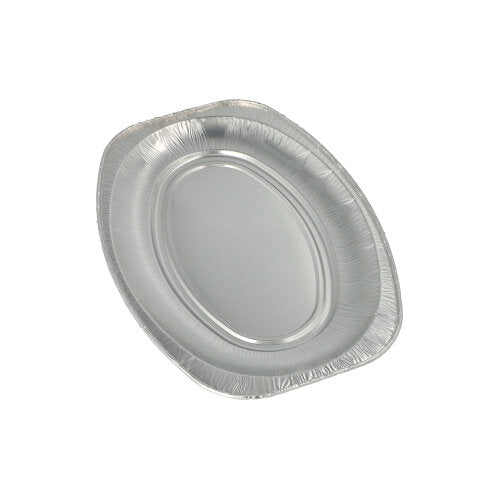 A single, empty, oval Starpak 10 serving platter made of aluminum is depicted against a plain white background – perfect for buffets, catering, or wedding celebrations.
