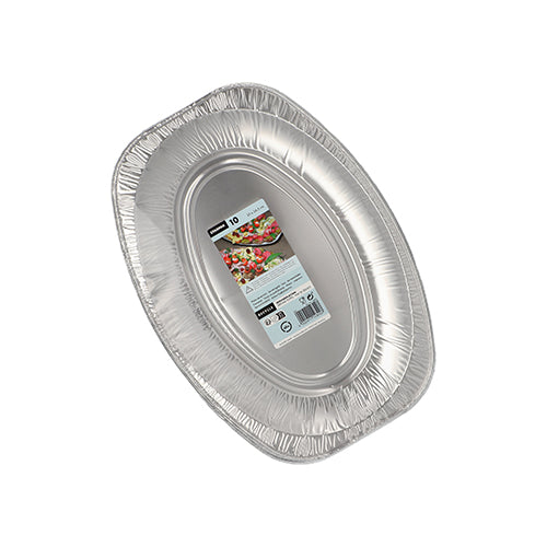 A single Starpak 10 serving platter, aluminum oval, disposable dish with a central product label is depicted against a white background. As part of a 10-pack by Starpak, it features raised edges and is ideal for buffets, catering, or wedding celebrations.