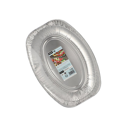 A single Starpak 10 serving platter, aluminum oval, disposable dish with a central product label is depicted against a white background. As part of a 10-pack by Starpak, it features raised edges and is ideal for buffets, catering, or wedding celebrations.
