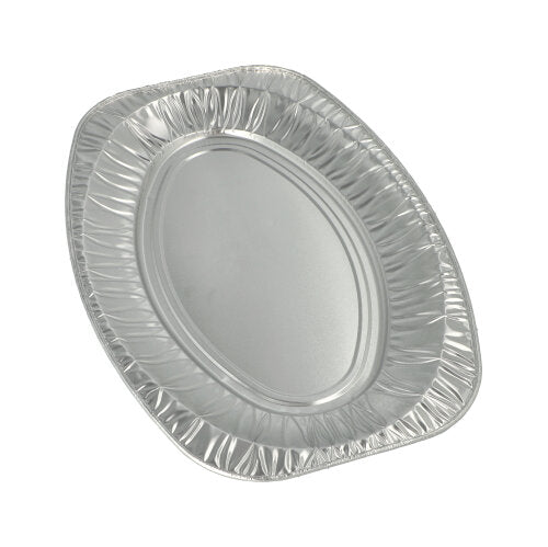 A single, empty Starpak 10 serving platter, aluminum oval by Starpak, is presented against a plain white background. The aluminum platter features a slightly raised edge and a scalloped rim, making it perfect for catering or serving as an oval platter.