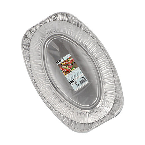 A pack of 10 Starpak serving platters, aluminum oval, stacked on top of each other with a label containing product details and a picture of the food on the top platter – ideal for buffets and catering.