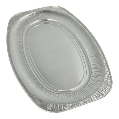 The Starpak 3 serving plates, aluminum - oval disposable aluminum trays with raised edges from Starpak - are perfect for an elegant presentation and are depicted on a white background.