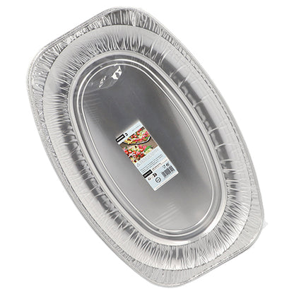 The Starpak 3 serving plates, aluminum from Starpak, are oval aluminum trays with a clear central label featuring product information and a food image. The clean, empty tray is ideal for an elegant presentation on any occasion.