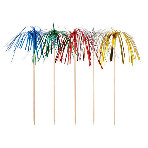 The PAPSTAR 10 decoration picks from PAPSTAR GmbH consist of ten wooden skewers with metallic foil fringes in blue, green, red, silver, and gold – ideal as party decorations or for finger food. Presented in a row on a white background.