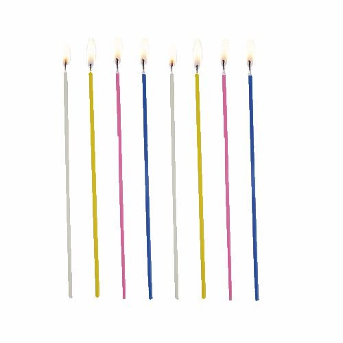 Eight PAPSTAR spaghetti candles, color assorted (Ø 3 mm, 16.5 cm), in gray, yellow, pink, and blue by PAPSTAR GmbH, are lit in a vertical row on a white background.