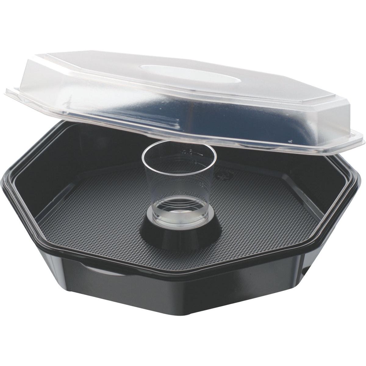 The Octaview® with Glass Black / Transparent PS by Duni GmbH stylishly presents food with a clear dip cup in the middle and partially transparent lid on a black, octagonal serving tray.