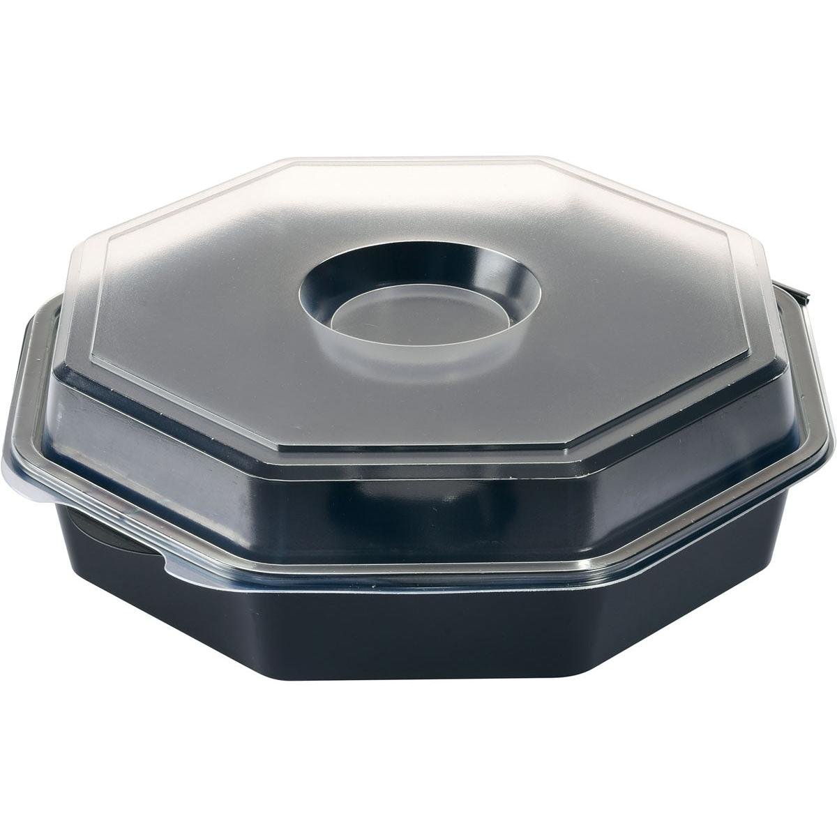 The Octaview® with Glass Black / Transparent PS by Duni GmbH is a black, octagonal takeout container with a clear lid, featuring a round indentation in the middle - ideal for the elegant presentation of food.
