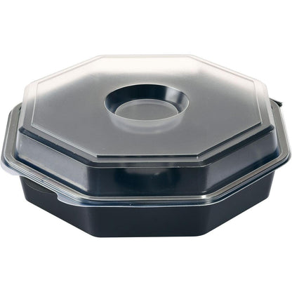 The Octaview® with Glass Black / Transparent PS by Duni GmbH is a black, octagonal takeout container with a clear lid, featuring a round indentation in the middle - ideal for the elegant presentation of food.