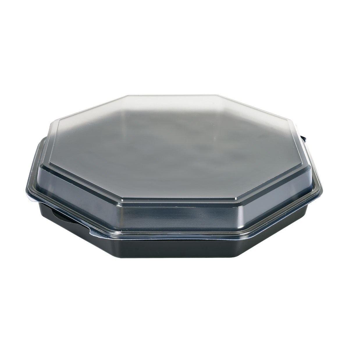 Ein geschlossener Octaview® Schwarz/Transparent PS 305x305x60 Takeout-Behälter der Duni GmbH ist auf weißem Hintergrund abgebildet und zeigt sein praktisches Design für Gastronomie Verpackungen; die Packung enthält 75 Stück.