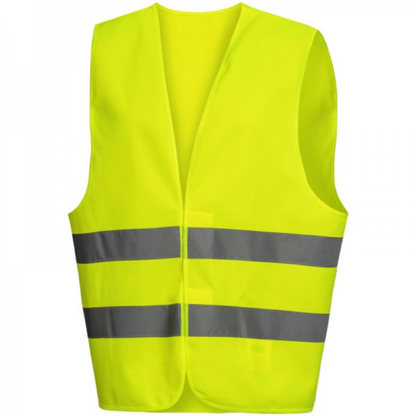 The NITRAS high visibility vest from AS Arbeitsschutz GmbH is a high visibility vest in neon yellow with two horizontal reflector strips over the waist. It is sleeveless, open at the front, and meets the EN ISO 20471 standard for optimal safety and breathability.