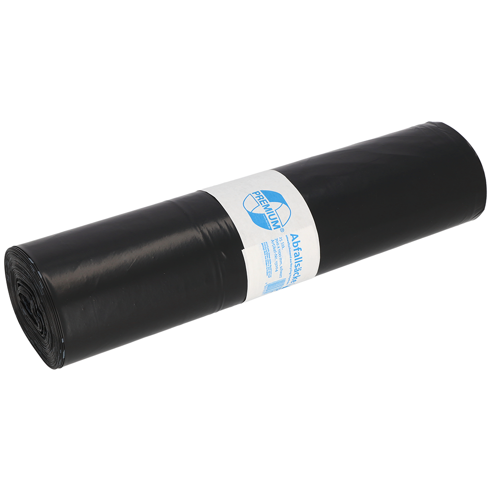 Pictured is a roll of EMIL DEISS KG (GmbH + Co.) DEISS 15004 black garbage bags, 700x1100x0.06 mm, 25 pieces, with a white-blue label in the middle, on a white background.