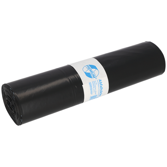 Abgebildet ist eine Rolle EMIL DEISS KG (GmbH + Co.) DEISS 15004 schwarze Müllsäcke, 700x1100x0,06 mm, 25 Stück, mit einem weiß-blauen Etikett in der Mitte, auf weißem Grund.