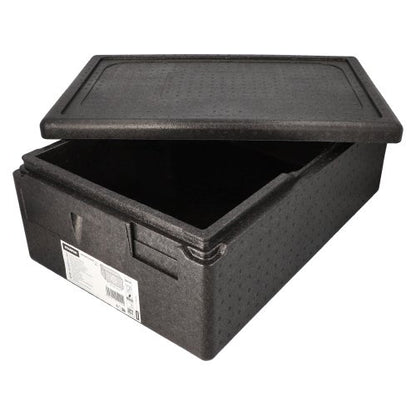 A black Starpak insulated transport container, EPP 60x40cm “Gastro-Norm 1/1”, features a partially open lid showing the empty interior and a white label with text and barcodes on the front – ideal for use in catering.