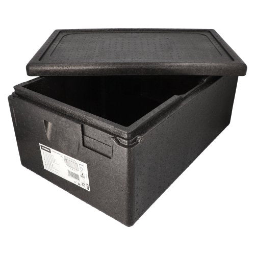 The black Starpak insulated transport container, EPP 60 cm x 40 cm “Gastro-Norm 1/1”, features a partially open lid showing the empty interior and a front label with barcode – perfect for catering applications.