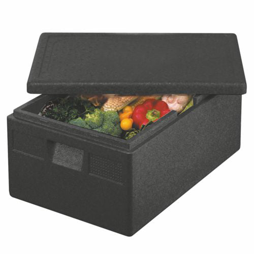 A partially opened Starpak insulated transport container, EPP 68.5 x 48.5 x 36 cm black "Euro-Norm", shows various types of vegetables inside like broccoli, red peppers, corn, and tomatoes.