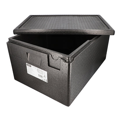 Pictured is a black Starpak insulated transport container made of EPP (68.5 x 48.5 x 36 cm), Euro-Norm, with a partially opened lid and spacious interior. On the front, there is a product label. Package: 1 piece.