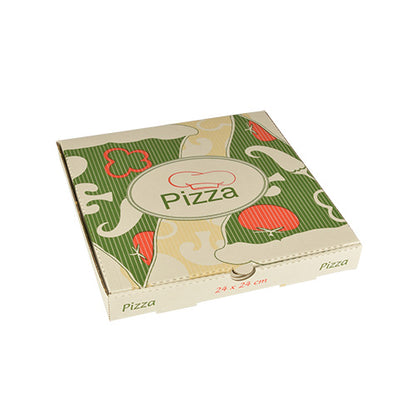 The PAPSTAR 100 pizza boxes, cellulose "pure" rectangular by PAPSTAR GmbH are closed boxes (24 x 24 cm) made of pure cellulose with green/beige abstract pattern, red accents, and the print "Pizza" on top and sides.