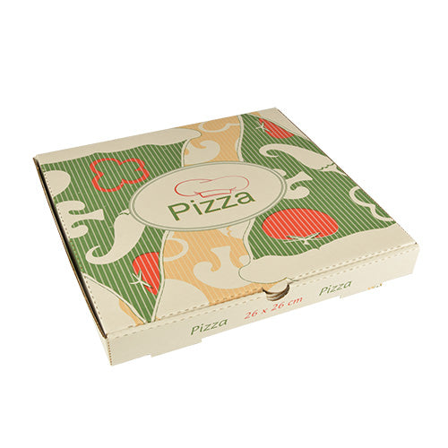 The PAPSTAR 100 pizza boxes from PAPSTAR GmbH are square, eco-friendly boxes made of pure cellulose with dimensions of 26x26 cm. They are decorated with colorful pizza graphics in green, orange, and red, as well as the print "Pizza" on the top and sides.