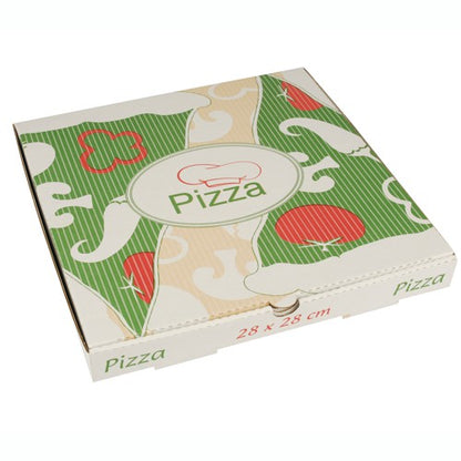 The PAPSTAR 100 pizza boxes from PAPSTAR GmbH impress with their colorful design with green stripes, red tomatoes, white mushrooms, and the word "Pizza" on the lid. Made of pure cellulose, each box measures 28 x 28 cm and is eco-friendly.