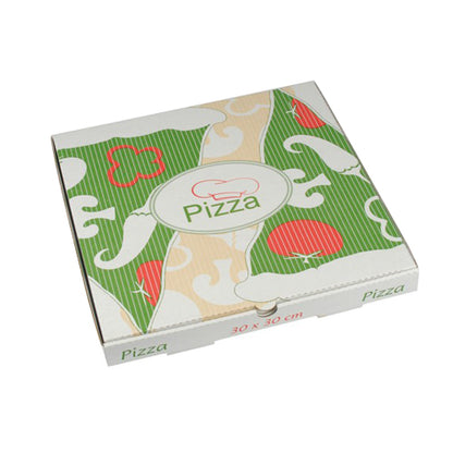 The PAPSTAR 100 pizza boxes, cellulose "pure" square from PAPSTAR GmbH is a closed, square box (30 x 30 cm) with green-beige and red tomato and mushroom motifs and the print "Pizza" in the middle. Made from eco-friendly pure cellulose.