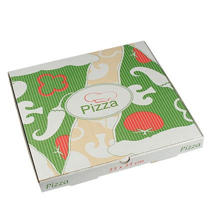 Pictured is a closed PAPSTAR 100 pizza box from PAPSTAR GmbH made of pure cellulose in colorful veggie design in green, red, and beige with the word "Pizza" on the lid and side; the dimensions are 33 x 33 cm.