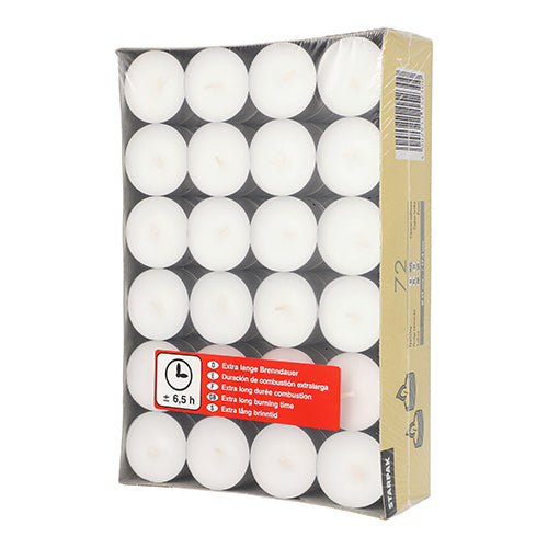 A rectangular Starpak cardboard tray contains 72 white tealights (Ø 39 mm, 17.5 mm), each with a long burn time of 6.5 hours, as highlighted by the packaging and clock symbol.