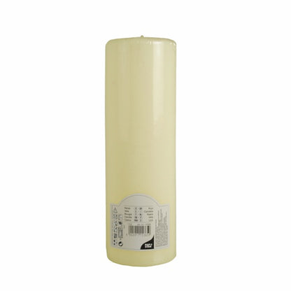 A PAPSTAR pillar candle with a flat head Ø 80 mm in ivory from PAPSTAR GmbH stands upright, with a label at the bottom, photographed against a white background.