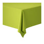 Ein rechteckiger Tisch, der mit einer Dunicel-Tischdeckenrolle (1,18 m x 10 m) der Duni GmbH bedeckt ist, deren hellgrüner Stoff glatt herabhängt – perfekt für Hochzeiten oder festliche Zusammenkünfte.