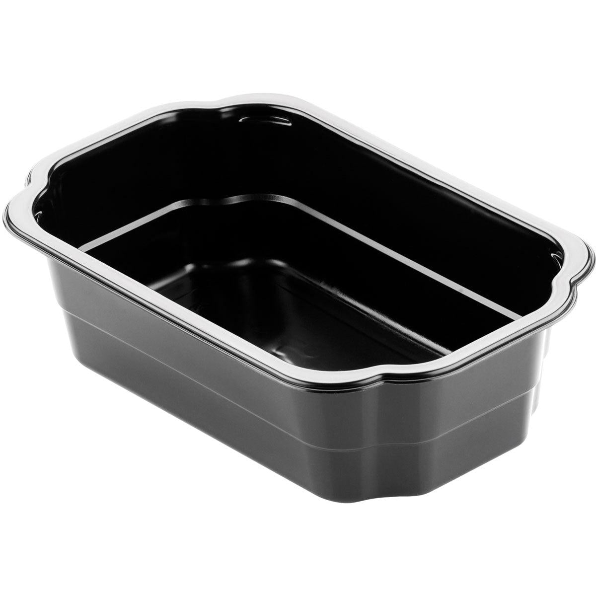 The Duni GmbH PP tray Take-Away Black PP 250x159 is a black, rectangular take-away food container with rounded edges and a glossy surface, shown empty against a white background.