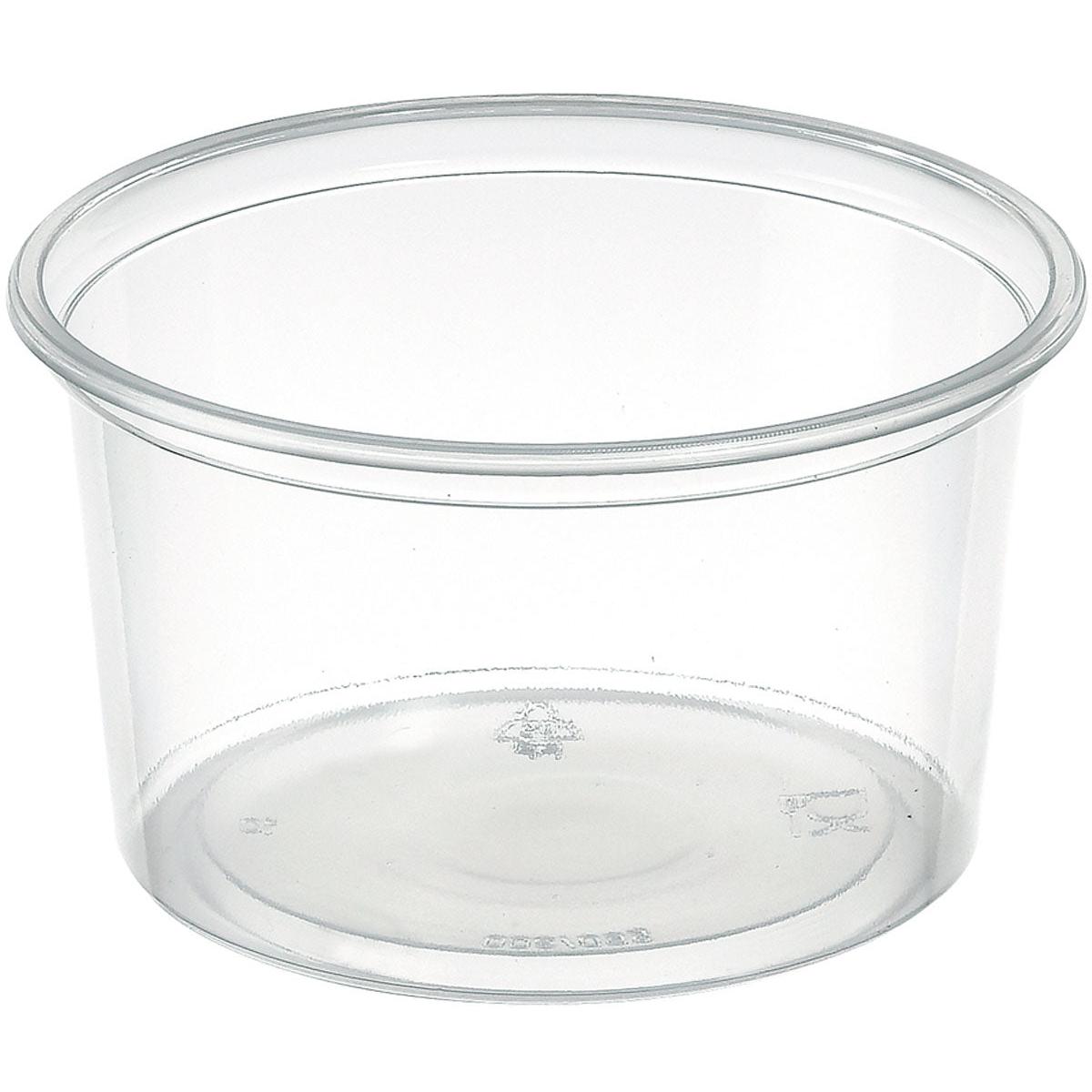 Der Delipack rund Transparent PP 101x101 der Duni GmbH ist ein runder, klarer Behälter mit ausgestelltem Rand, ideal für die Aufbewahrung von Lebensmitteln. Er ist mit Recyclingsymbolen und Markierungen auf dem Boden versehen und wird in einer 50er-Packung geliefert.