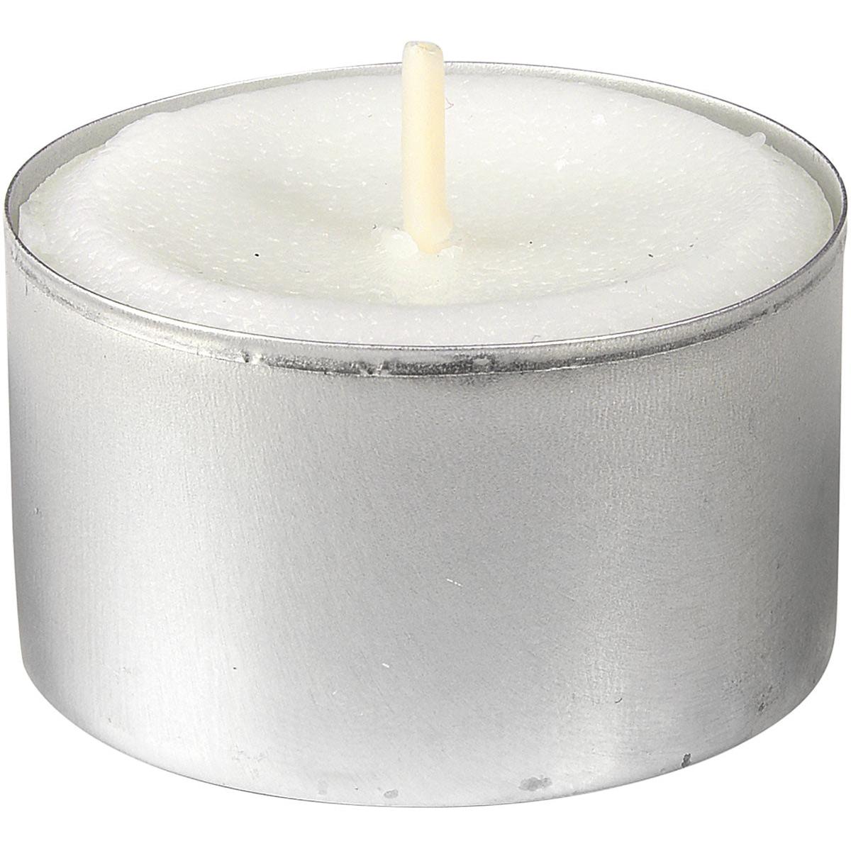 A Duni GmbH tealight, Ø39 mm, white candle with a burning time of 8 hours and centered wick in a small round silver metal cup, available in a pack of 100 pieces.