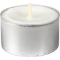 A Duni GmbH tealight, Ø39 mm, white candle with a burning time of 8 hours and centered wick in a small round silver metal cup, available in a pack of 100 pieces.