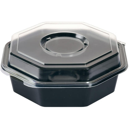 The Octaview® with Glass Black / Transparent PS food container by Duni GmbH is a black, octagonal plastic container with a clear, fitted lid, depicted tilted on a white background.