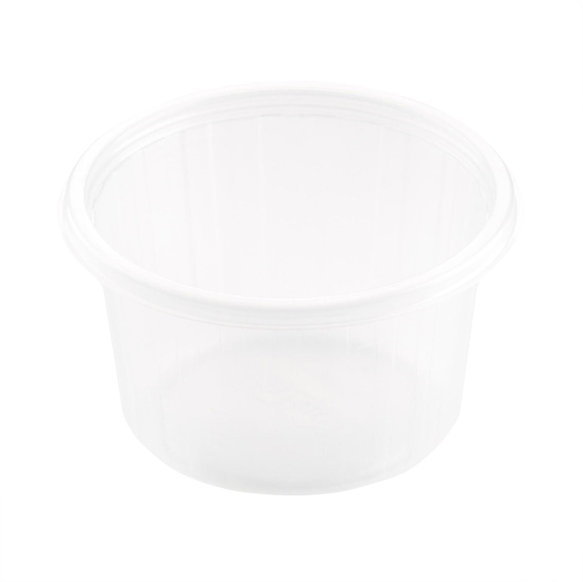Pictured is a clear, empty Fixpack® round Transparent PP container from Duni GmbH in a round shape, viewed from a slightly elevated angle against a white background.