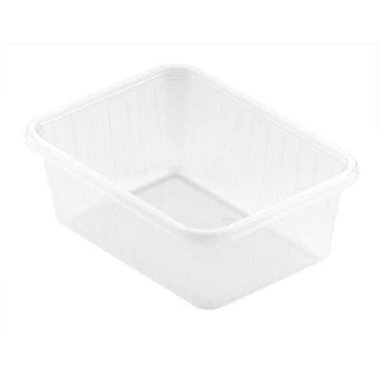 Der Fixpack® rechteckig Transparent PP 146x110mm der Duni GmbH ist eine rechteckige, klare Aufbewahrungsbox mit leicht erhöhten Kanten und glatter Oberfläche. Der leere Behälter steht auf weißem Grund und ist oben offen.