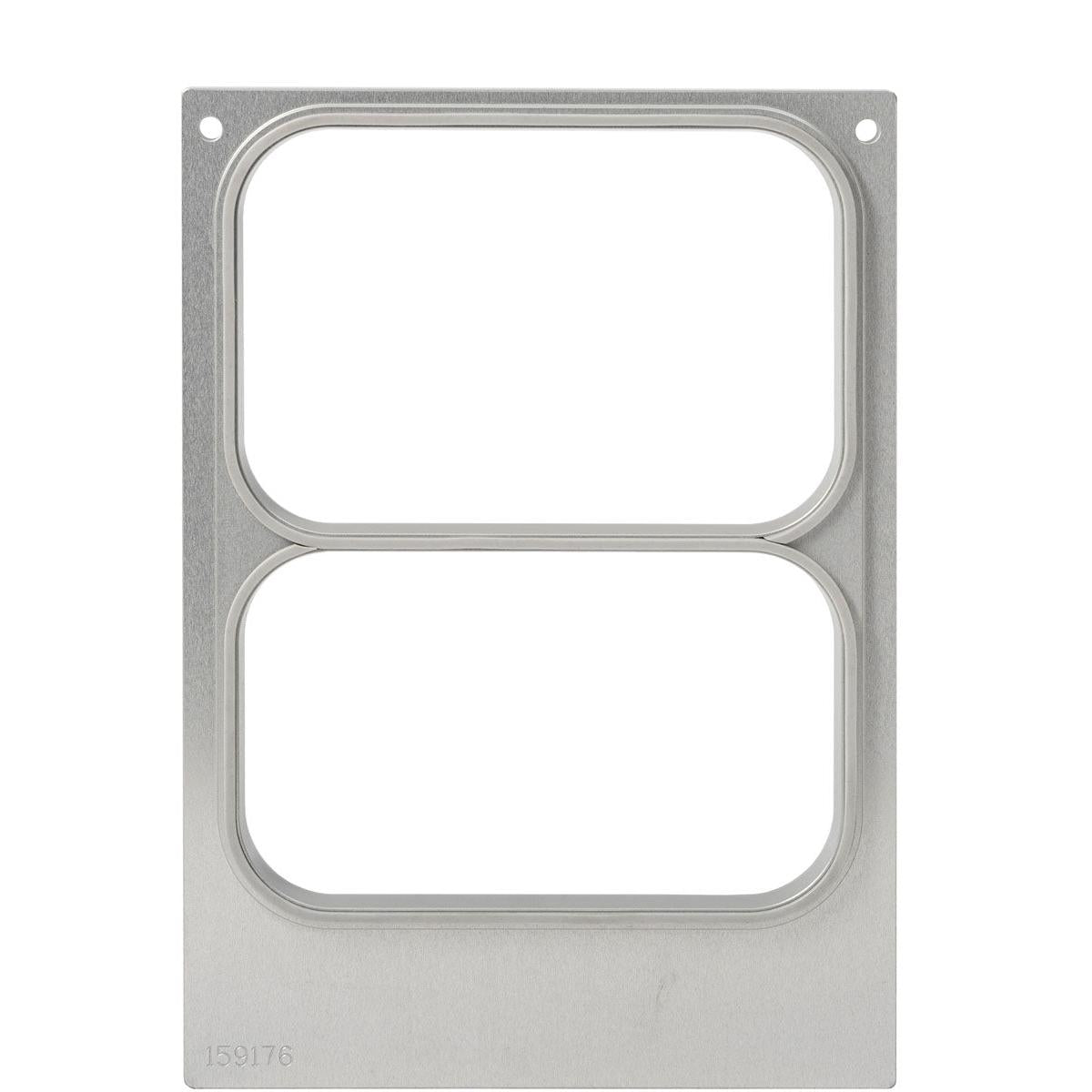 A rectangular metal frame with two large cutouts and four corner holes, engraved with 159176. Ideal for Duni GmbH cassette DF10/20 2-comp for PP tray Caterline 440/370, 550/480, 645/540 ml (package, 1 piece).