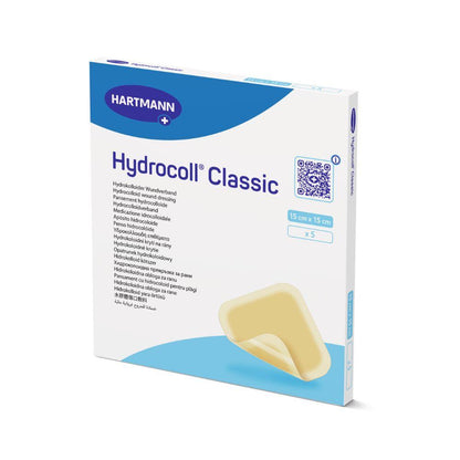 A box of Hartmann Hydrocoll Classic sterile dressing, 15x15 cm, 5 sterile, individually sealed dressings from Paul Hartmann AG. Supports moist wound treatment for granulation/epithelialization; includes multilingual packaging with image.