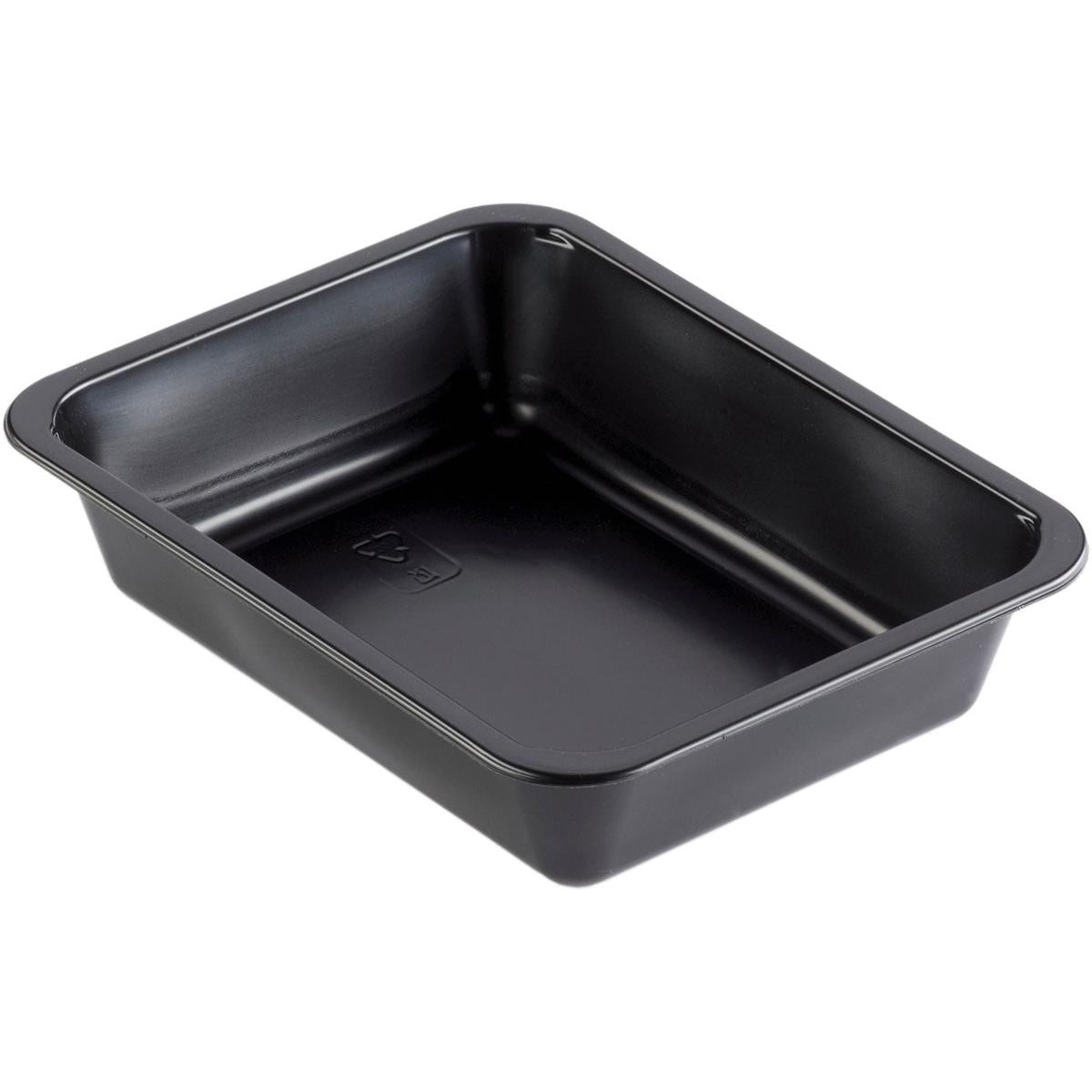 The Duni GmbH PP bowl Caterline 1 Black PP 227x178 is shown at an angle to display the slightly rounded corners, the raised edges, and the interior.