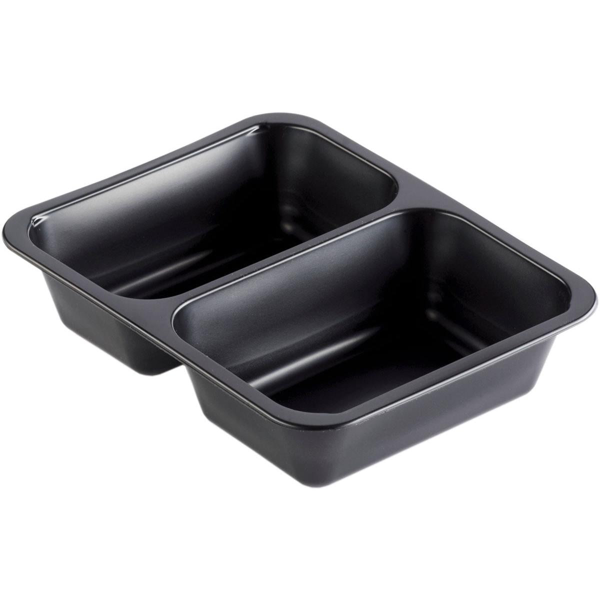 The PP bowl Caterline 2 Black PP 227x178 from Duni GmbH offers two rectangular compartments, is non-stick, with a deep and smooth interior surface - ideal for catering events.