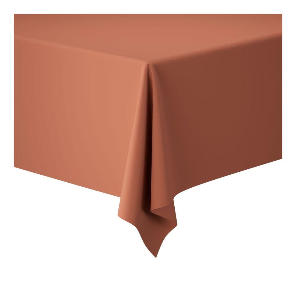 A close-up of the corner of a rectangular table covered with a rust-colored tablecloth (1.18 m x 25 m) from Duni GmbH Dunicel tablecloth rolls, perfect for decorating large events, against a white background.