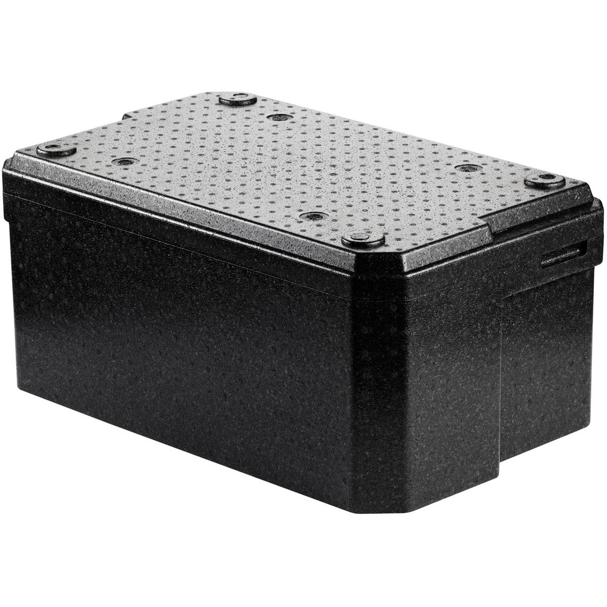 Die Thermobox 1 Schwarz EPP der Duni GmbH ist eine schwarze, rechteckige Kunststoffbox für den Lebensmitteltransport mit einem strukturierten, gepunkteten Deckel mit vier Schrauben. Sie wird vor einem weißen Hintergrund präsentiert.