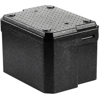 Die Duni GmbH Thermobox 1 Schwarz EPP ist eine schwarze rechteckige EPP-Box mit strukturiertem Deckel und abgerundeten Ecken, die zur Isolierung und Aufbewahrung konzipiert wurde - perfekt als Lebensmitteltransportbox für den gastronomischen Einsatz.