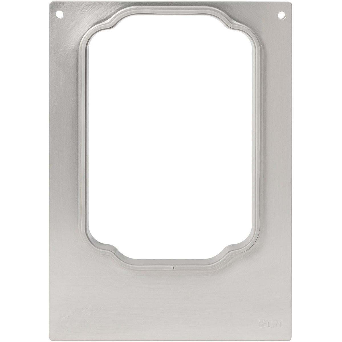 The Duni GmbH cassette DF10/20 is a rectangular metal plate with a brushed finish and a large central cutout, designed to securely hold a PP tray Take Away 900 ml. It features raised edges and two mounting holes. Packaging: 1 piece.