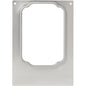 The Duni GmbH cassette DF10/20 is a rectangular metal plate with a brushed finish and a large central cutout, designed to securely hold a PP tray Take Away 900 ml. It features raised edges and two mounting holes. Packaging: 1 piece.