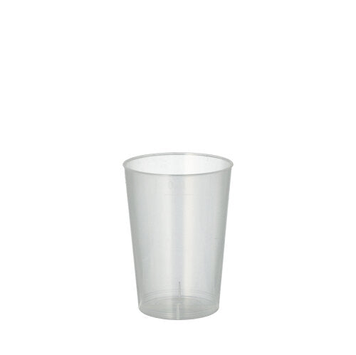 A Starpak 40 reusable drinking cup made of translucent, unbreakable PP from Starpak stands upright and empty against a white background.