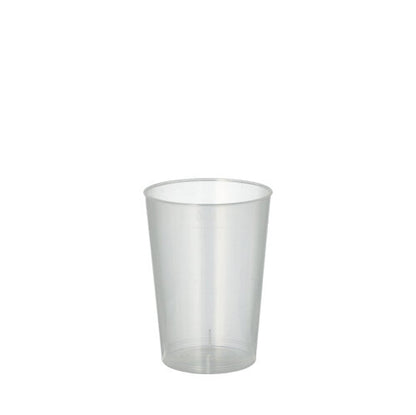 A Starpak 40 reusable drinking cup made of translucent, unbreakable PP from Starpak stands upright and empty against a white background.