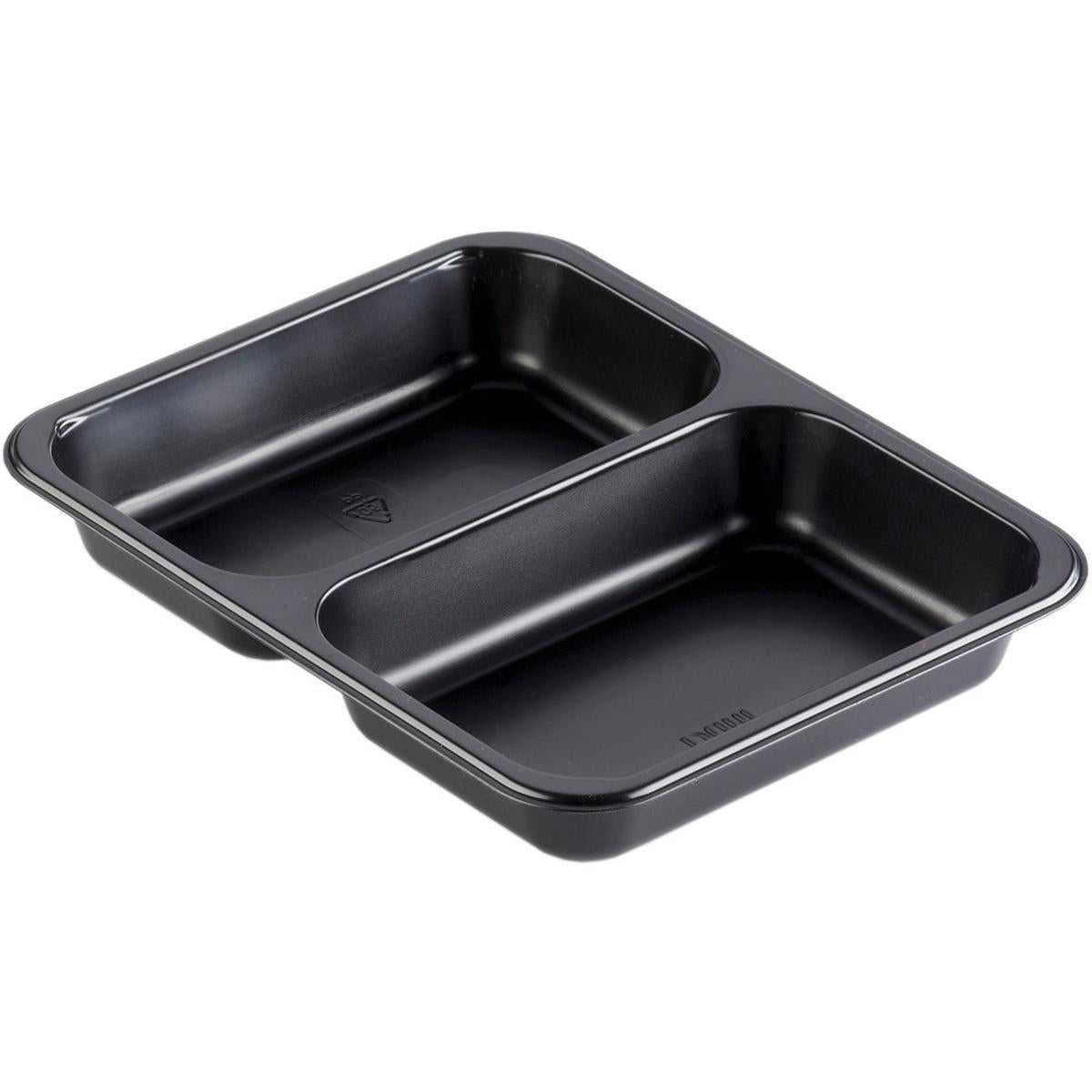 The PP bowl Caterline 2 Black PP 227x178 from Duni GmbH is a rectangular bowl with two rounded compartments, ideal for catering events and is presented on a white background.